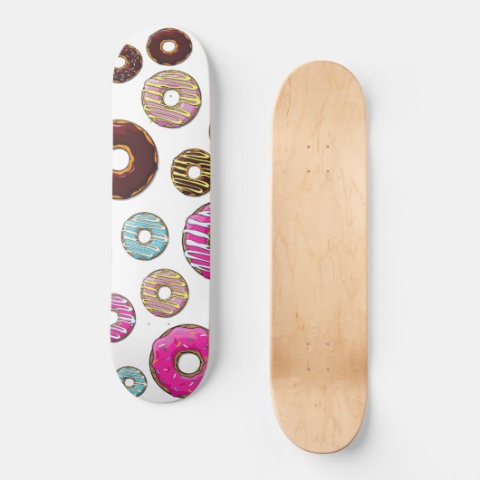 Muster von Donuts, farbenfrohe Donuts, Sprinklen Skateboard (Vorderseite)