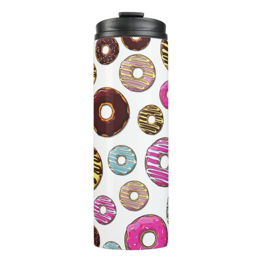 Muster von Donuts, farbenfrohe Donuts, Sprinklen Thermosbecher (Vorderseite)