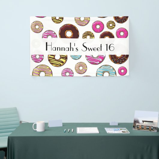 Muster von Donuts, farbenfrohe Donuts, süß 16 Banner (Messeveranstaltung)