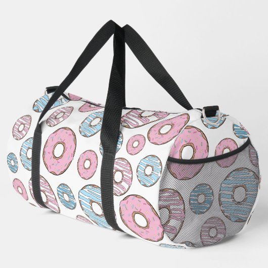 Muster von Donuts, rosa Donuts, blaue Donuts Duffle Bag (Rechte Ecke)