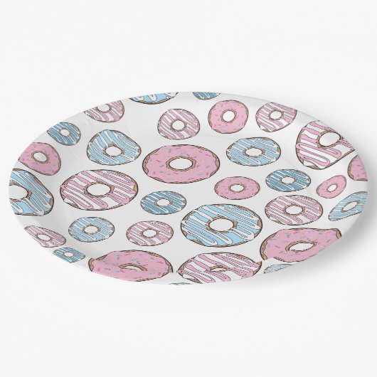 Muster von Donuts, rosa Donuts, blaue Donuts Pappteller (Schrägansicht)