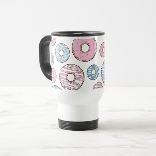 Muster von Donuts, rosa Donuts, blaue Donuts Reisebecher (Vorderseite Links)
