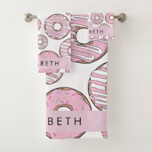 Muster von Donuts, rosa Donuts, Icing, Ihr Name Badhandtuch Set