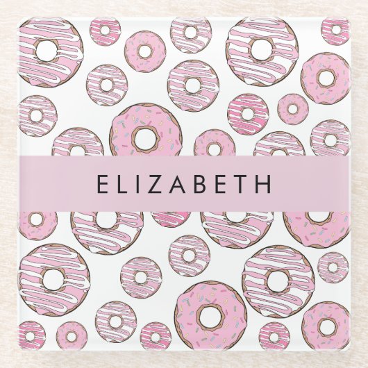 Muster von Donuts, rosa Donuts, Icing, Ihr Name Glasuntersetzer (Vorderseite)