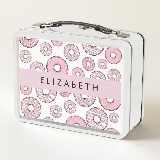 Muster von Donuts, rosa Donuts, Icing, Ihr Name Metall Brotdose (Rückseite)