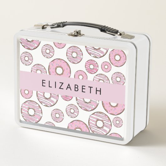Muster von Donuts, rosa Donuts, Icing, Ihr Name Metall Brotdose (Vorderseite)