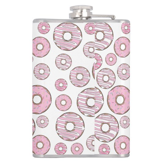 Muster von Donuts, rosa Donuts, Sprinklen Flachmann (Rückseite)