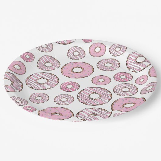 Muster von Donuts, rosa Donuts, Sprinklen Pappteller (Schrägansicht)