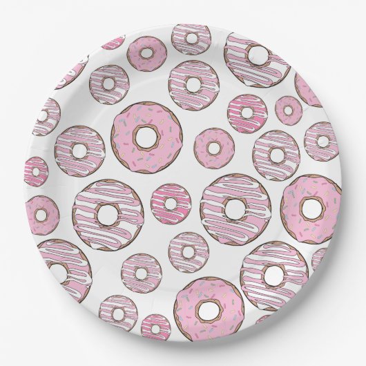 Muster von Donuts, rosa Donuts, Sprinklen Pappteller (Vorderseite)