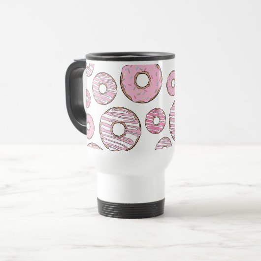 Muster von Donuts, rosa Donuts, Sprinklen Reisebecher (Vorderseite Links)