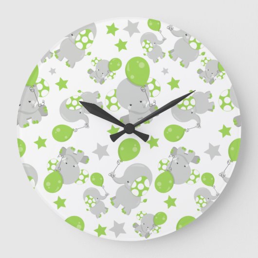 Muster von Elefanten, Niedliche Elefanten - grün g Große Wanduhr (Vorderseite)