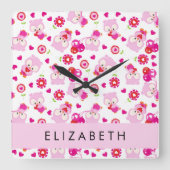 Muster von Eulen, Niedlichen Eulen, rosa Eulen, Ih Quadratische Wanduhr (Vorderseite)