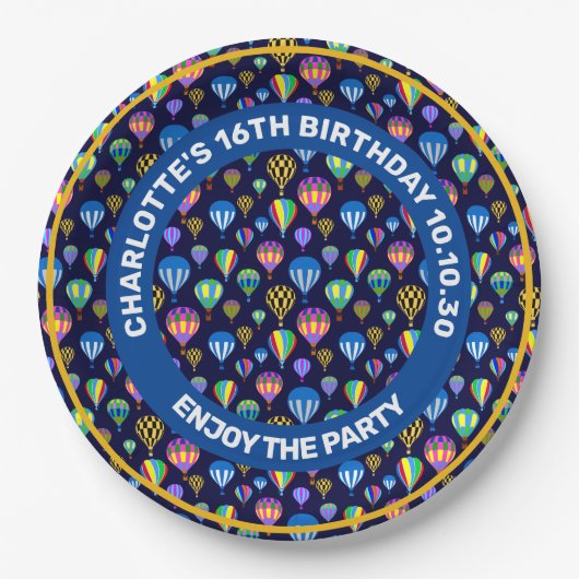 Muster von Heißluftballons. Navy Blue Background Pappteller (Vorderseite)