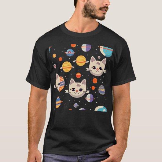 Muster von Katzen im Weltraum T-Shirt (Vorderseite)