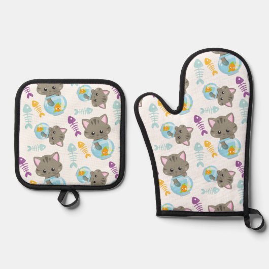 Muster von Katzen, Niedlichen Katzen, Kätzchen, Fi Ofenhandschuh & Topflappen-Set (Vorderseite)