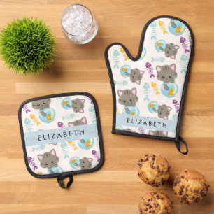 Muster von Katzen, Niedlichen Katzen, Kätzchen, Ih Ofenhandschuh & Topflappen-Set