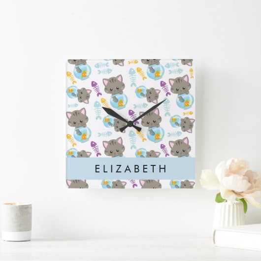 Muster von Katzen, Niedlichen Katzen, Kätzchen, Ih Quadratische Wanduhr (Zuhause)