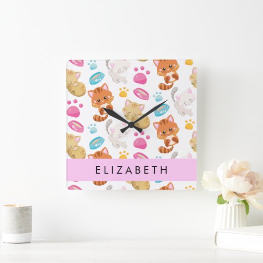 Muster von Katzen, Niedlichen Katzen, Kitty, Pfote Quadratische Wanduhr (Zuhause)