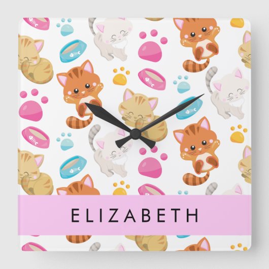 Muster von Katzen, Niedlichen Katzen, Kitty, Pfote Quadratische Wanduhr (Vorderseite)