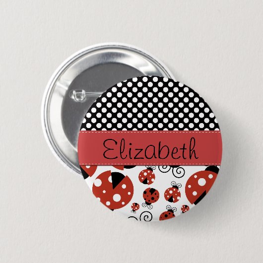 Muster von Ladybugs, Polka Dots, Ihr Name Button (Vorne & Hinten)