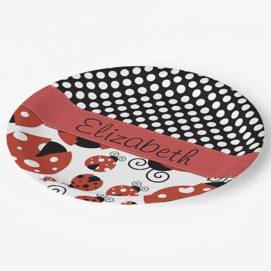 Muster von Ladybugs, Polka Dots, Ihr Name Pappteller (Schrägansicht)