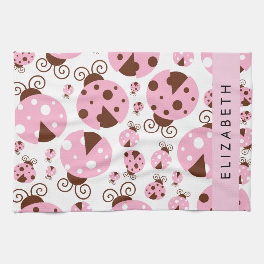 Muster von Ladybugs, rosa Ladybugs, Ihr Name Geschirrtuch (Horizontal)