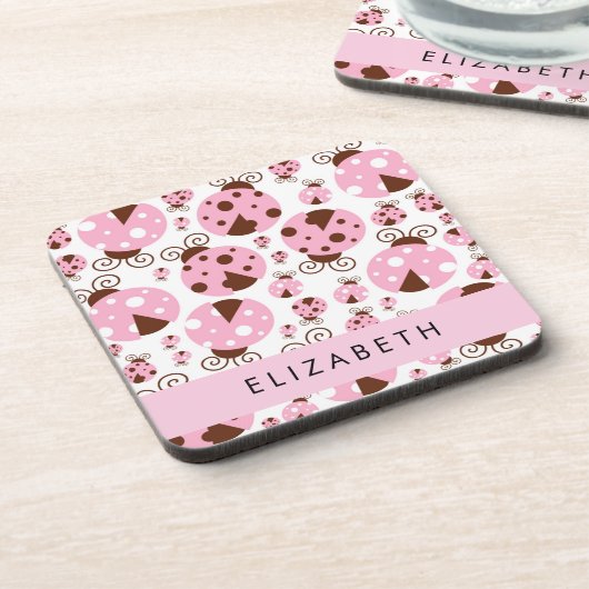 Muster von Ladybugs, rosa Ladybugs, Ihr Name Getränkeuntersetzer (Linke Seite)