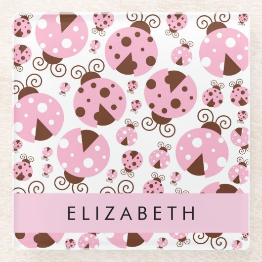 Muster von Ladybugs, rosa Ladybugs, Ihr Name Glasuntersetzer (Vorderseite)