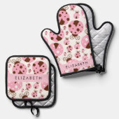 Muster von Ladybugs, rosa Ladybugs, Ihr Name Ofenhandschuh & Topflappen-Set (Vorderseite/Rückseite)