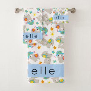 Muster von Llamas, Alpacas, Blume, Ihr Name Badhandtuch Set