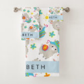 Muster von Llamas, Alpacas, Blume, Ihr Name Badhandtuch Set (Insitu)