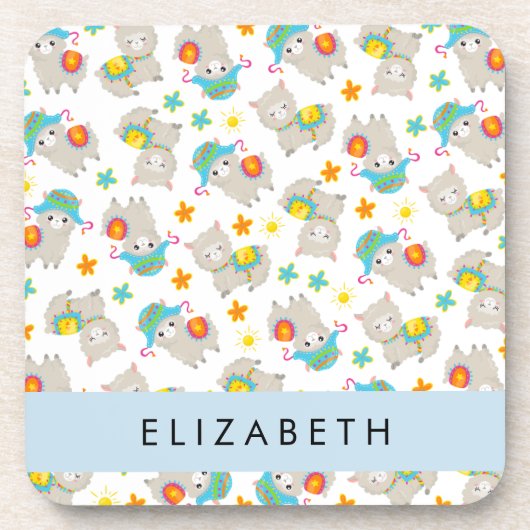 Muster von Llamas, Alpacas, Blume, Ihr Name Getränkeuntersetzer (Vorderseite)