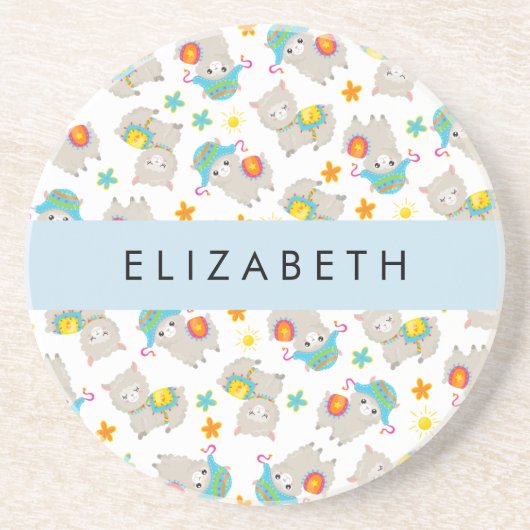 Muster von Llamas, Alpacas, Blume, Ihr Name Getränkeuntersetzer (Vorne)