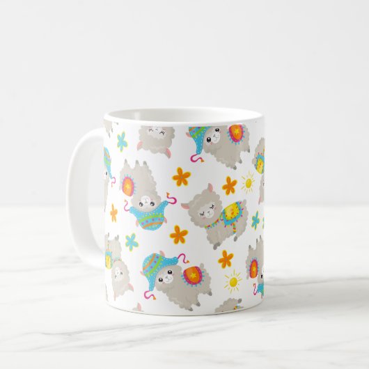 Muster von Llamas, Alpacas, Blume, Ihr Name Kaffeetasse (Vorderseite Links)