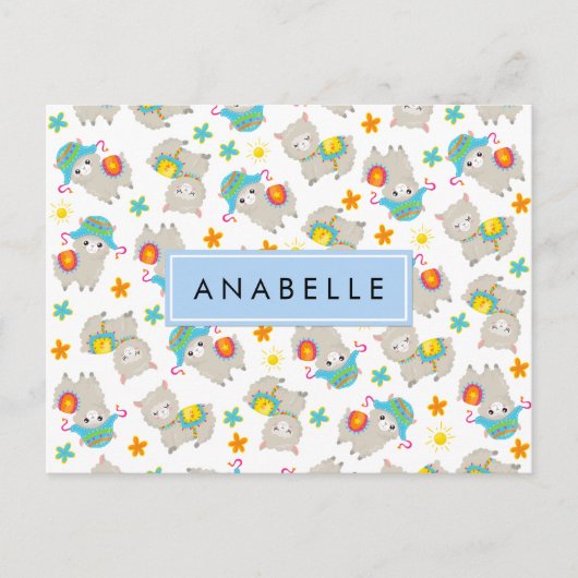 Muster von Llamas, Alpacas, Blume, Ihr Name Postkarte (Vorderseite)