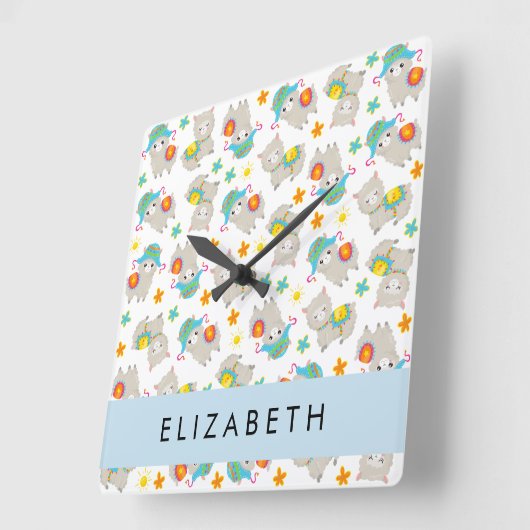 Muster von Llamas, Alpacas, Blume, Ihr Name Quadratische Wanduhr (Winkel)