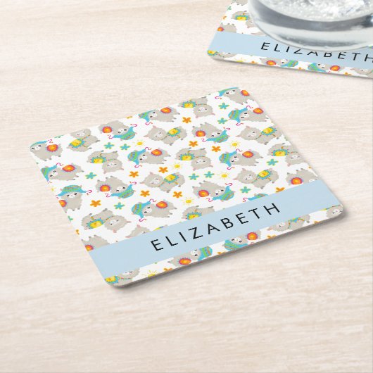 Muster von Llamas, Alpacas, Blume, Ihr Name Rechteckiger Pappuntersetzer (angewinkelt)