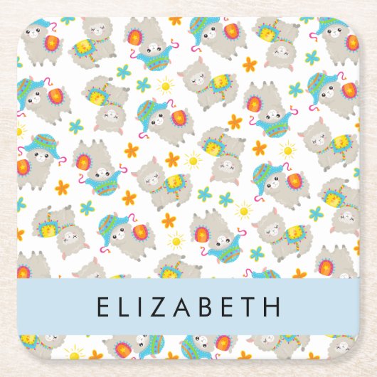 Muster von Llamas, Alpacas, Blume, Ihr Name Rechteckiger Pappuntersetzer (Vorderseite)