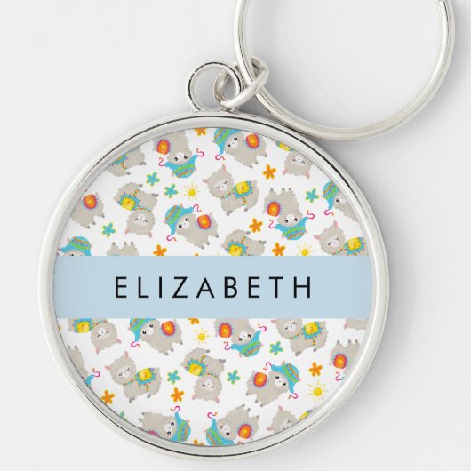 Muster von Llamas, Alpacas, Blume, Ihr Name Schlüsselanhänger (Vorne)