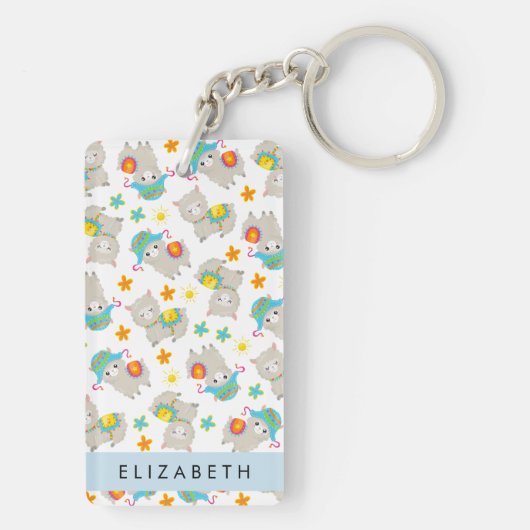 Muster von Llamas, Alpacas, Blume, Ihr Name Schlüsselanhänger (Rückseite)