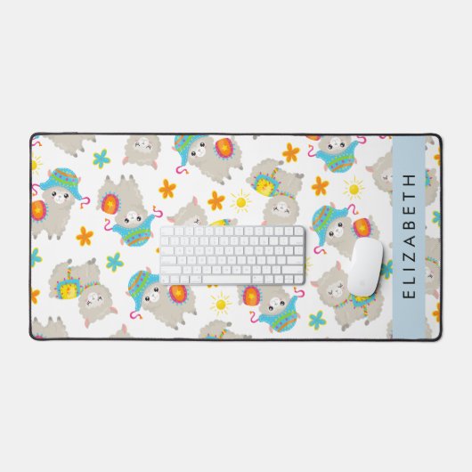 Muster von Llamas, Alpacas, Blume, Ihr Name Schreibtischunterlage (Tastatur & Maus)