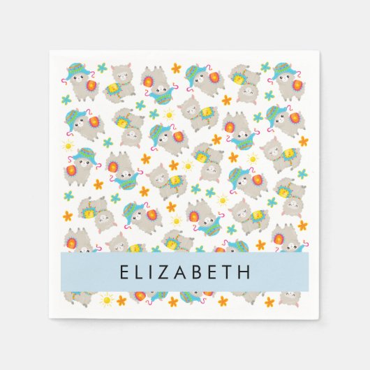 Muster von Llamas, Alpacas, Blume, Ihr Name Serviette (Vorderseite)