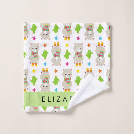 Muster von Llamas, Alpacas, Kaktus, Ihr Name Badhandtuch Set (Waschlappen)