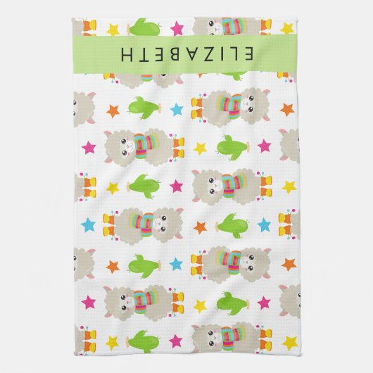 Muster von Llamas, Alpacas, Kaktus, Ihr Name Geschirrtuch (Vertikal)