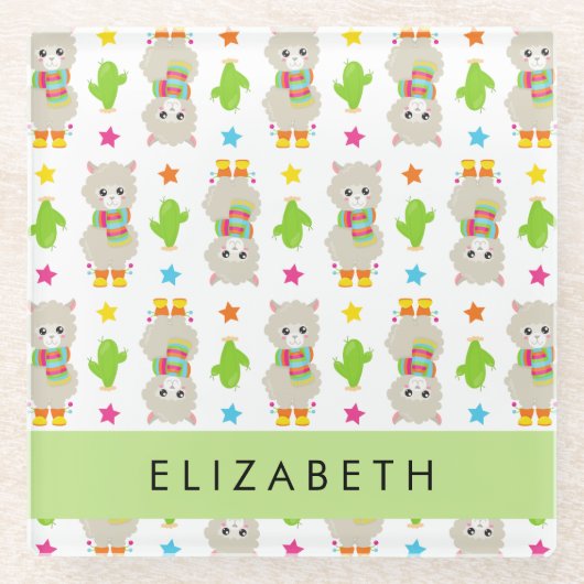 Muster von Llamas, Alpacas, Kaktus, Ihr Name Glasuntersetzer (Vorderseite)
