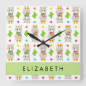 Muster von Llamas, Alpacas, Kaktus, Ihr Name Quadratische Wanduhr (Vorderseite)