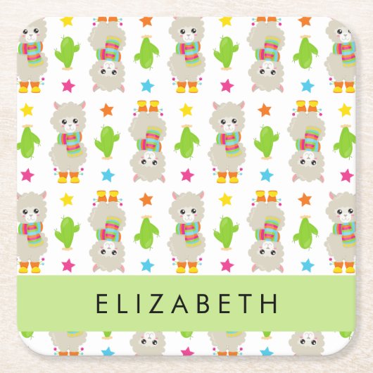 Muster von Llamas, Alpacas, Kaktus, Ihr Name Rechteckiger Pappuntersetzer (Vorderseite)