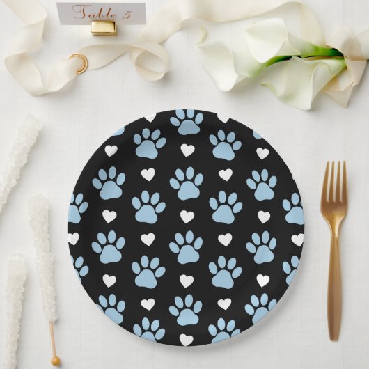Muster von Paws, Hundeschäften, blauen Paws, weiße Pappteller (Hochzeit)
