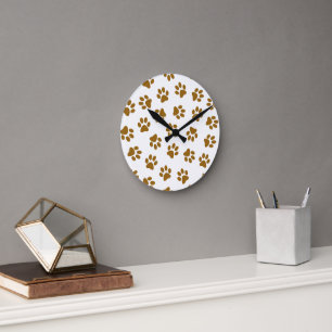 Muster von Paws, Hundeschäften, orangefarbene Gold Runde Wanduhr
