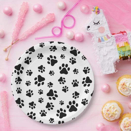 Muster von Paws, Hundeschäften, Schwarz und Weiß Pappteller (Party)